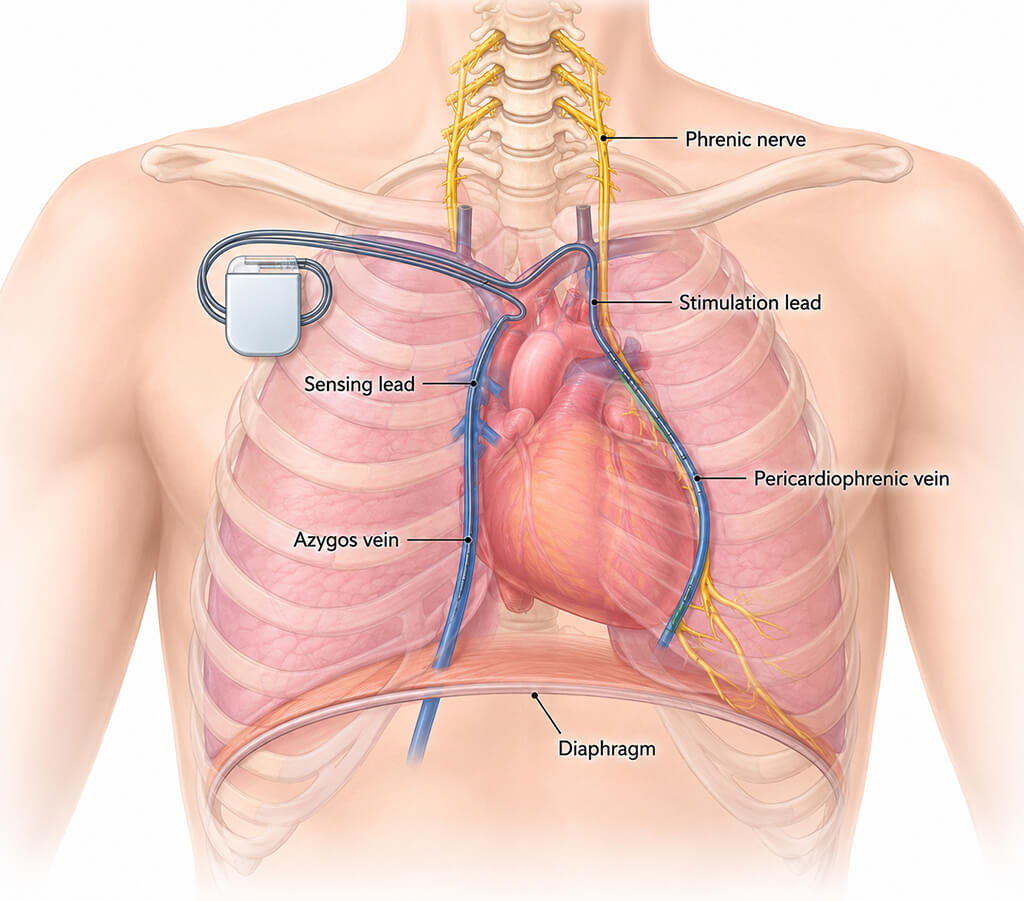 Diagram of a central sleep apnea neurostimulator with transvenous leads to the phrenic nerve and diaphragm