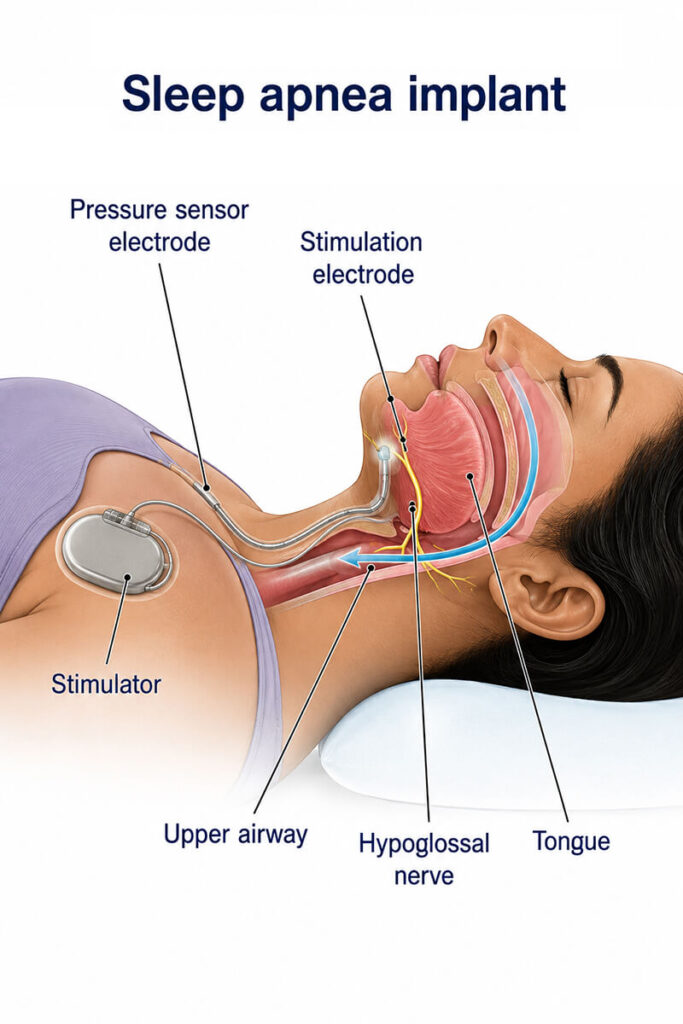 Medical illustration of a sleep apnea hypoglossal nerve stimulation implant, showing the chest stimulator, pressure sensor, and stimulation electrode connected to the upper airway