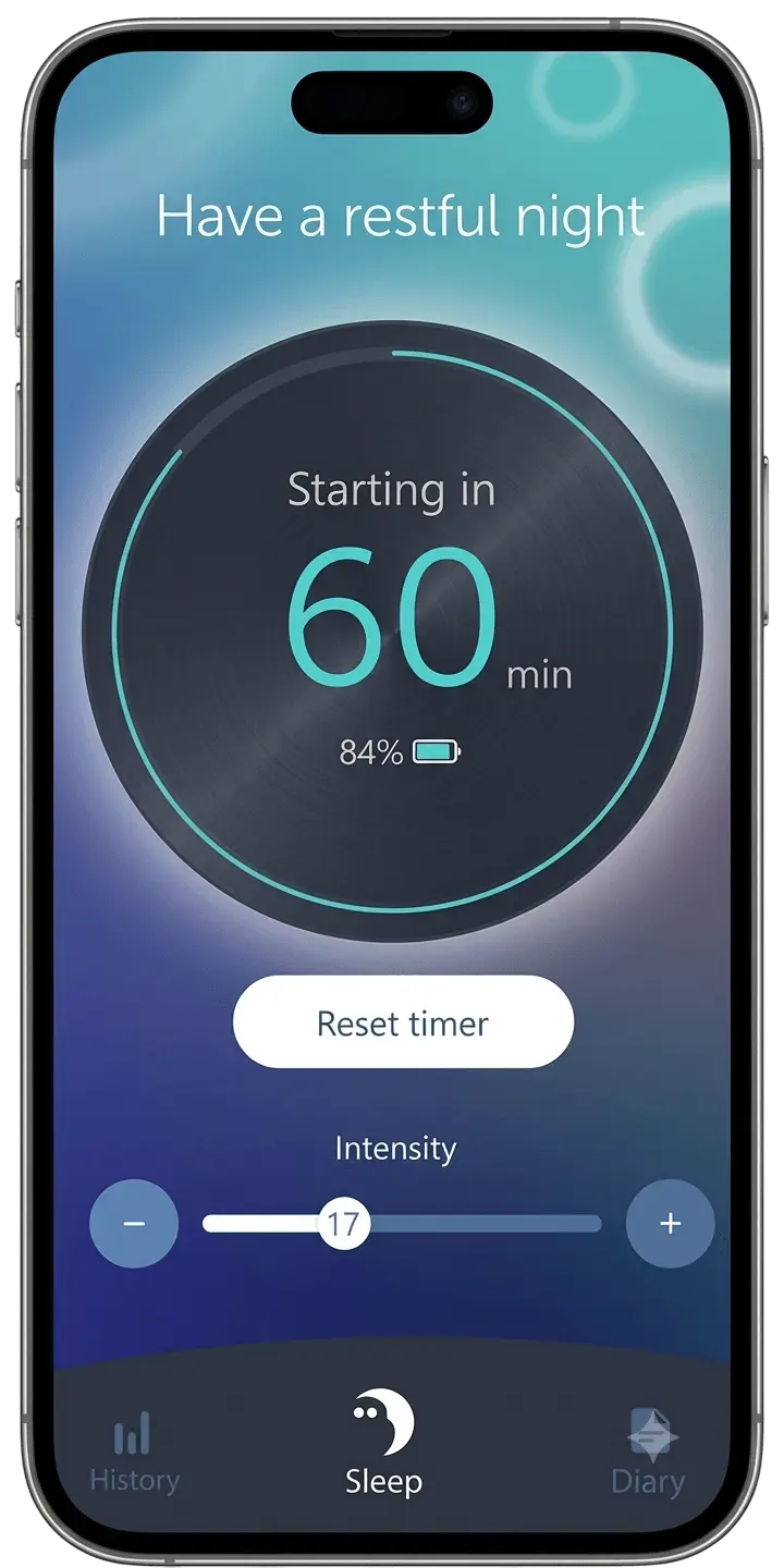 Smartphone screen displaying a sleep therapy app interface with a 60-minute countdown timer and intensity level slider