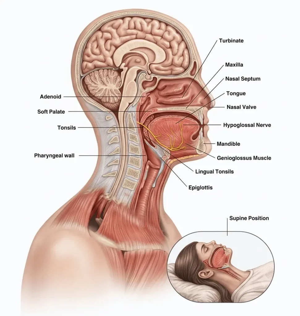 Anatomy diagram of the human upper airway, oral cavity, and hypoglossal nerve