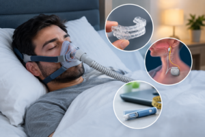 Man sleeping with a CPAP mask in bed, with illustrations of an oral appliance, hypoglossal nerve stimulation device, and medication injection representing sleep apnea treatment alternatives.